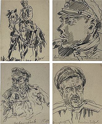 Portrait of the solder (identified as Blokhin), Portrait of the capitan Petrov, Portrait of of the colonel Bulanov. Portrait of a soldier (Four drawing)