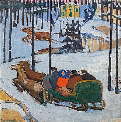 Carriage ride in winterly forest, 1910