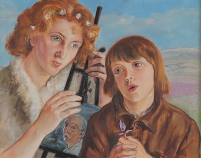 A Mother and Daughter Holding Self Portrait of Artist- 1956