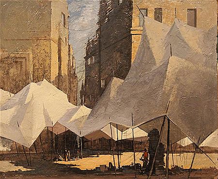 City Scene with Tents & Figures