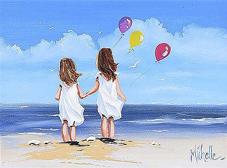 TWO GIRLS ON THE BEACH WITH BALLOONS