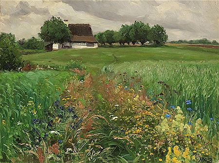 Bauernkate vor einer Wiesenlandschaft