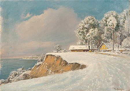 Snowy river landscape (Two houses on the banks of a river)