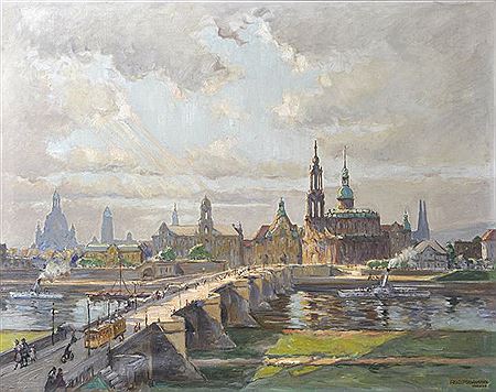 Ansicht von Dresden: Blick vom Neustädter Ufer auf Augustusbrücke und Altstadt
