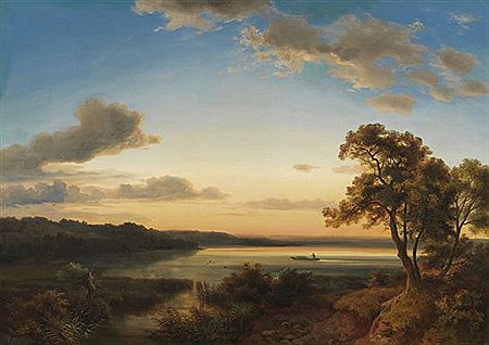 Morgendliche Seelandschaft mit heimkehrendem Fischer, 1864
