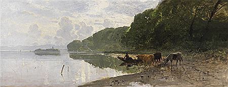 Uferlandschaft am Starnberger See mit weidenden Kühen, 1880