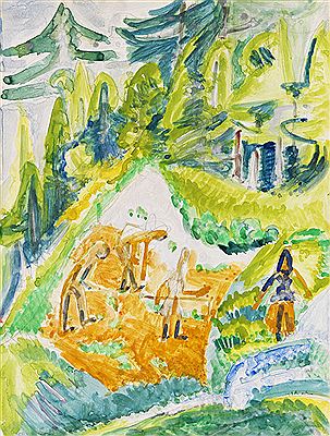 Davoser Landschaft mit Bergbauern. Um 1919.