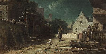 Nachtwächter bei Mondschein, Hund und Katze, Ca. 1870.