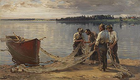 Netzflickende Fischer am Chiemseeufer, Um 1885.