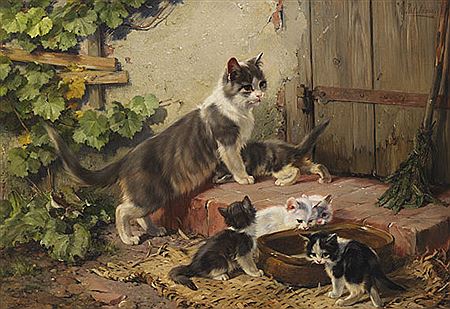 Katzenfamilie am Milchnapf, Ca. 1890.