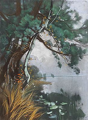 Uferlandschaft mit Kiefern und Seerosen (Schwielowsee), Um 1900-1905. by Karl Hagemeister - Auction record, sale price, and art valuation. Compare with similar artists and explore comparable artworks.