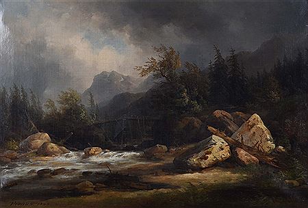 "Wild stream with mountain shepherd on wooden bridge in the thunderstorm"