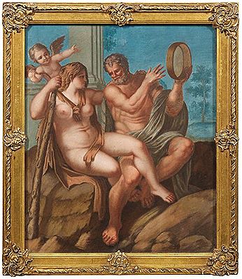 Pair of mythological scenes with lovers' counterparts
