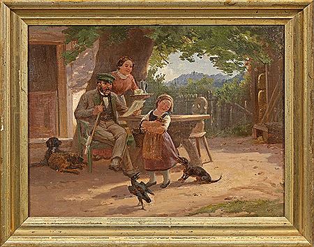 Family idyll with a girl playing with a dachshund by Otto Eberlein - Auction record, sale price, and art valuation. Compare with similar artists and explore comparable artworks.