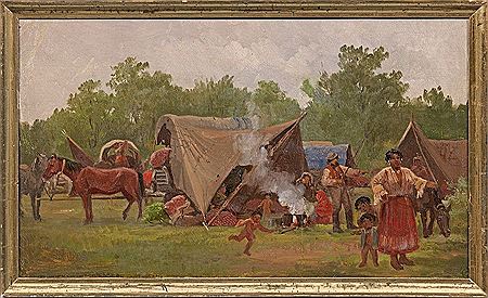 Roma camp with family at a fire