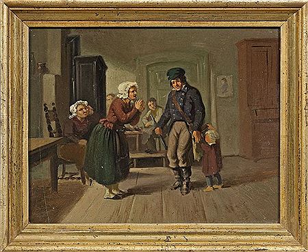 Genre scene with postman in an interior with women and children