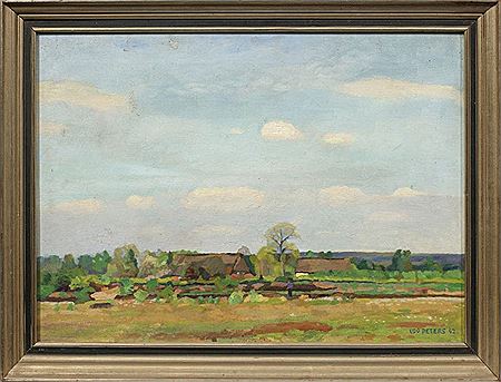 Sommerliche Teufelsmoor-Landschaft bei Worpswede Blick auf Bauernhäuser und einen Bauern am Torfstich.