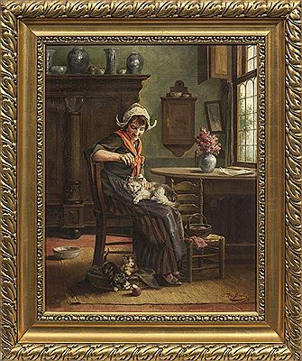 Peasant girl playing with cats in an interior Oil by August Kaul - Auction record, sale price, and art valuation. Compare with similar artists and explore comparable artworks.