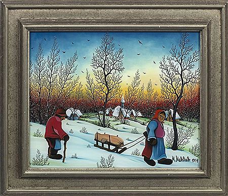 Peasant couple with sledge in an evening winter landscape with a church village