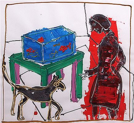 Interior scene with figure and dog