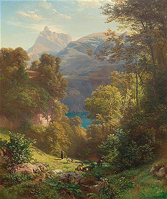 Mountain landscape with herders and goats by Walensee near Weesen. 1861.