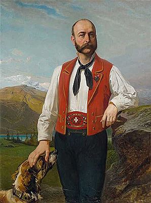 Portrait of a man in Swiss traditional costume with a dog. 1873.