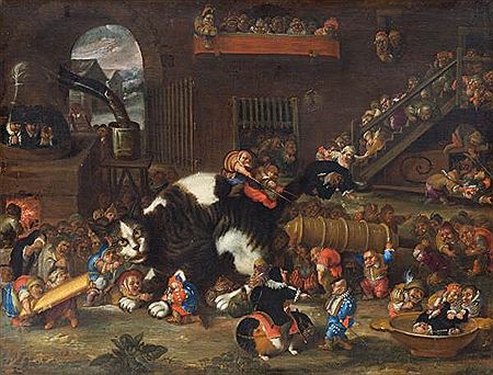 Grotesque scene with dwarves, cat and guineapigs