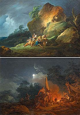 Pair of works: Soldiers resting before a rocky crag / Nocturnal scene with soldiers by a fire