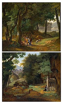 Pair of works: Scènes de la vie de Jeanne de Navarra (1370–1437): Jeanne de Navarra, a knight and old man in conversation in a landscape/ Jeanne de Navarra and her son Arthur at the grave of her husband Jean IV de Bretagne.