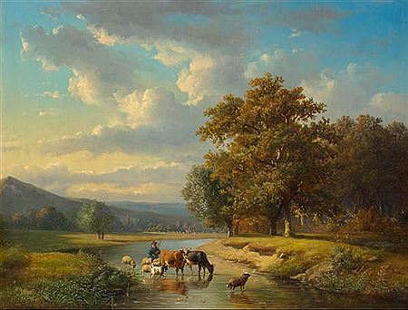 Herdsman and animals drinking at a river
