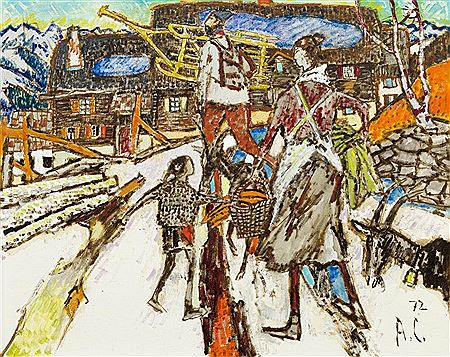 Winter landscape with village and family. 1962 by Alois Carigiet - Auction record, sale price, and art valuation. Compare with similar artists and explore comparable artworks.