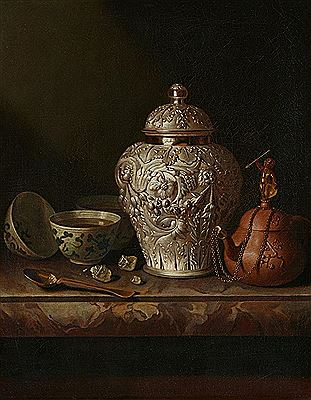 Still life with a Silver Ginger Jar and a Teapot on a Ledge