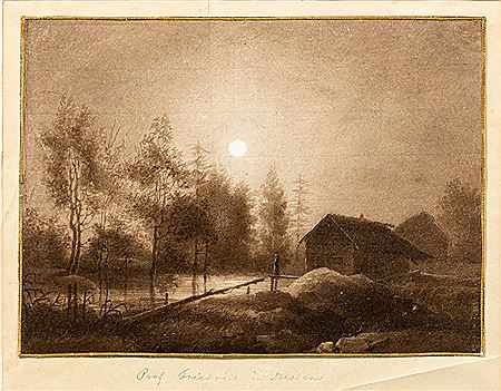 Full moon over river landscape with overgrown banks and wooden hut