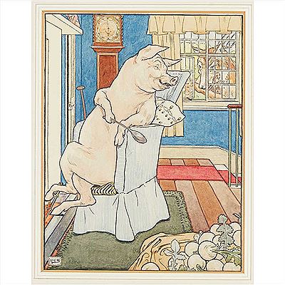 SET OF EIGHT ORIGINAL ILLUSTRATIONS FOR 'THE THREE LITTLE PIGS, CIRCA 1904