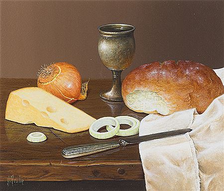 STILL LIFE WITH CHEESE, BREAD AND ONION