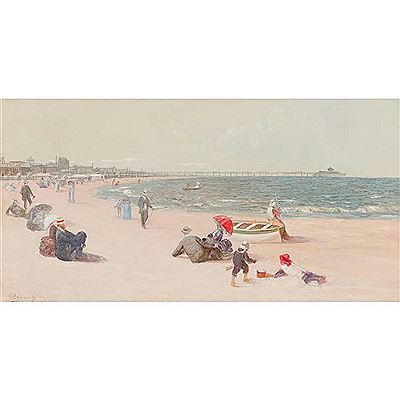 BUSY BEACH SCENE WITH DISTANT PIER