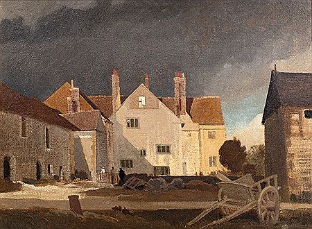 Figures outside farm buildings