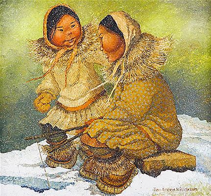 Eskimo Mother and Child Ice Fishing