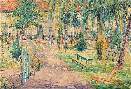 Cour d'estaminet animée en été