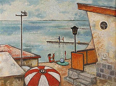 „Am See“ am Wasser liegende Familie und ein Paar Angler an einem mit Bungalows bebauten Strand, pastose Malerei in heller Farbigkeit
