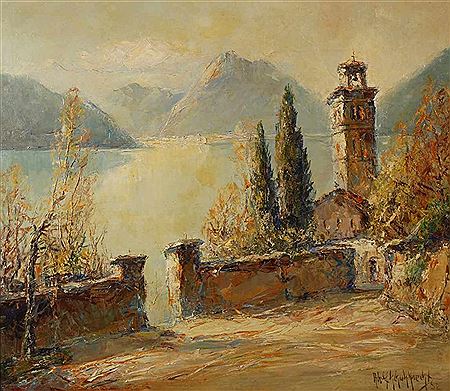 "Herbst am Luganer See"-Blick vorbei an der kleinen Kirche San Sebastiano des heute zu Valsolda Provinz Como gehörigen Örtchens Oria am Seeufer, über den weiten See, vor imposanter Gebirgskulisse im hellen Sonnenlicht by Adolf Schuhknecht - Auction record, sale price, and art valuation. Compare with similar artists and explore comparable artworks.