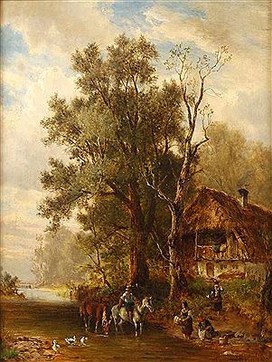 Idyllische Szene am Bach sommerliche Bachlandschaft, mit Frauen beim Wäsche waschen, vorm Bauernhaus, Enten und Reiter beim Tränken der Pferde, fein mit spitzem Pinsel minimal pastos festgehaltene Genremalerei by Conrad (Konrad) Reinherz - Auction record, sale price, and art valuation. Compare with similar artists and explore comparable artworks.