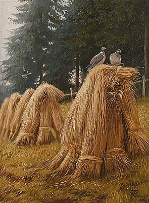 Straw dolls with a pair of pigeons