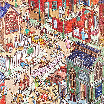 Busy street scene, car sales, scrapyard, the New Mount Zion Chapel and backstreet terraces