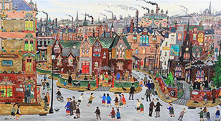 East Ardsley, Yorkshire, Moorhouse's Jam Factory, Junior School, St. Mary's Church, maternity hospital and town beyond, the street filled with figures
