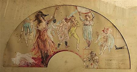 Projet d'éventail : musiciens danseuses et gens de cirque