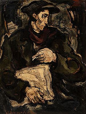 Portrait of a man with a newspaper and a red scarf