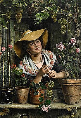 Young Florentine woman at the window entwined with grapes