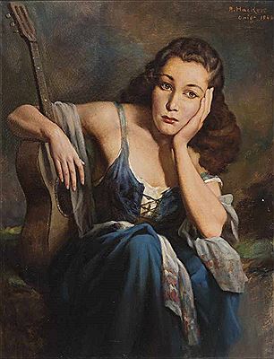 Frauenportrait mit Gitarre.
