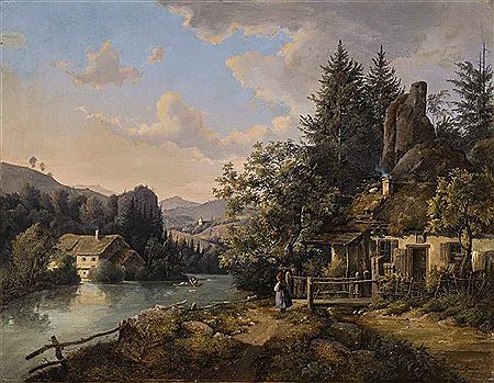 Malerische Flusslandschaft mit grasgedeckter Kate am Ufer und Figurenstaffage